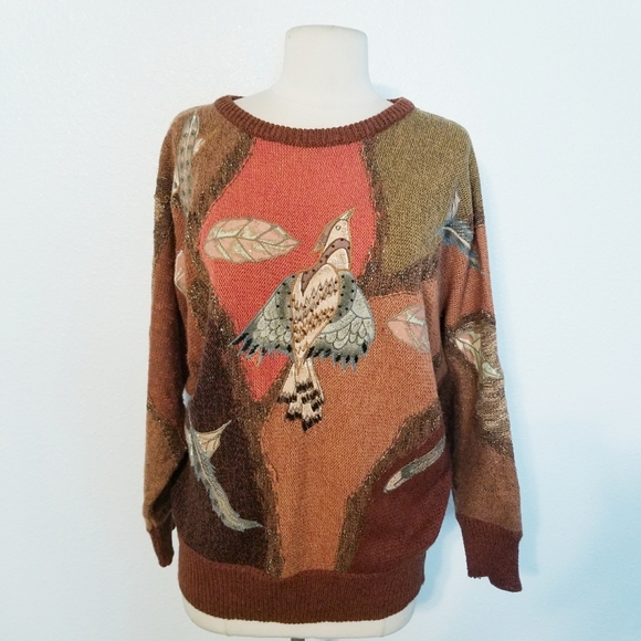 Vintage Sweaters - Vintage 80's retro hippie boho bird leaf sweater L